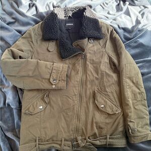 Express Women's Khaki Field Jacket with Black Shearling Collar